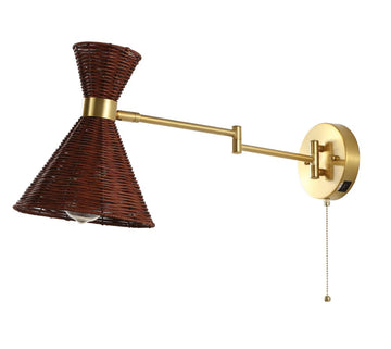 Lily 25" 1-Light Mid-Century Vintage Retro Rattan/Metal USB Charging Swing Arm LED Sconce with Pull Chain - JONATHAN Y